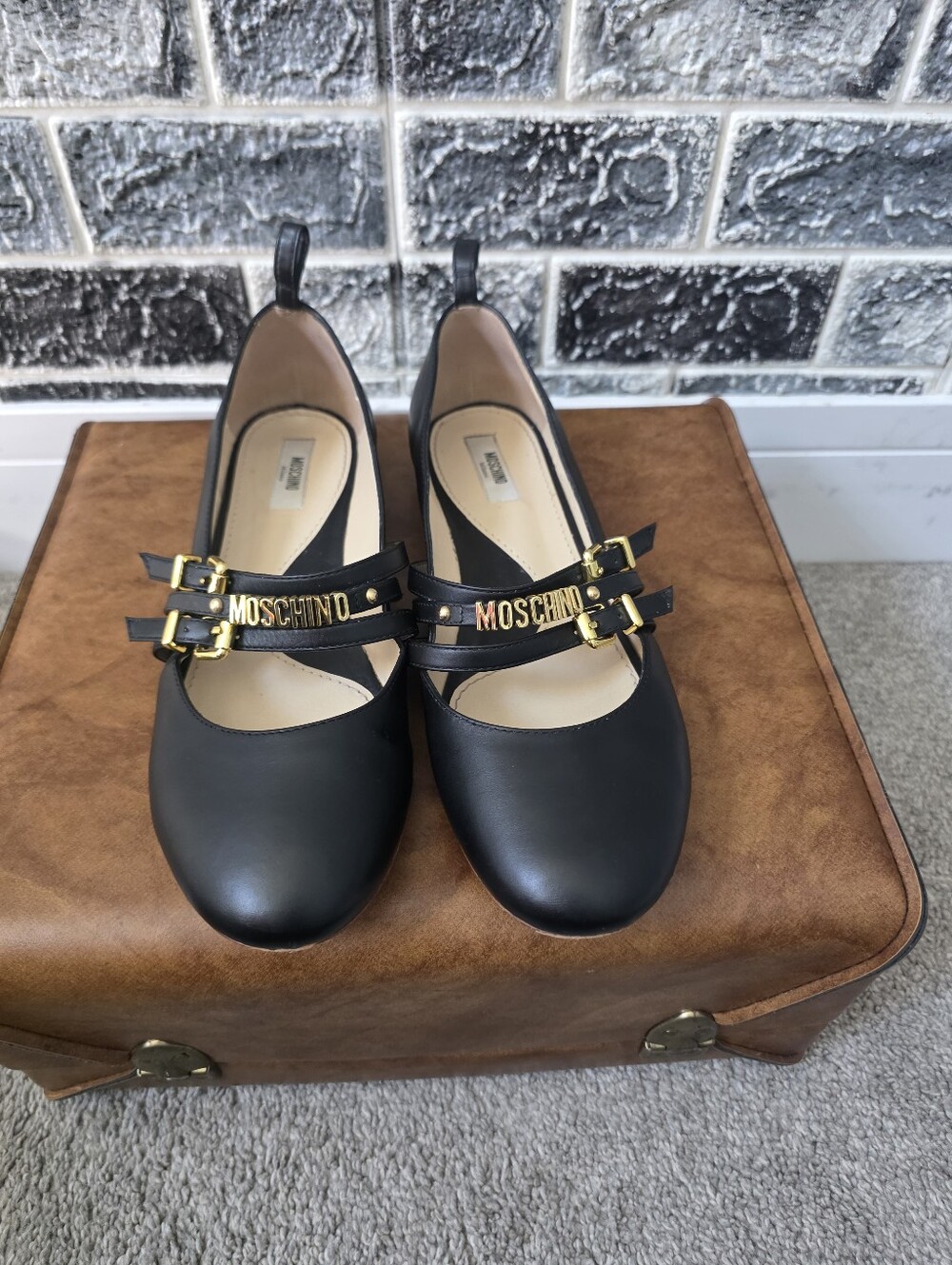 Moschino Milano Women's Black Leather Flats with Gold Logo Straps Size 10.5